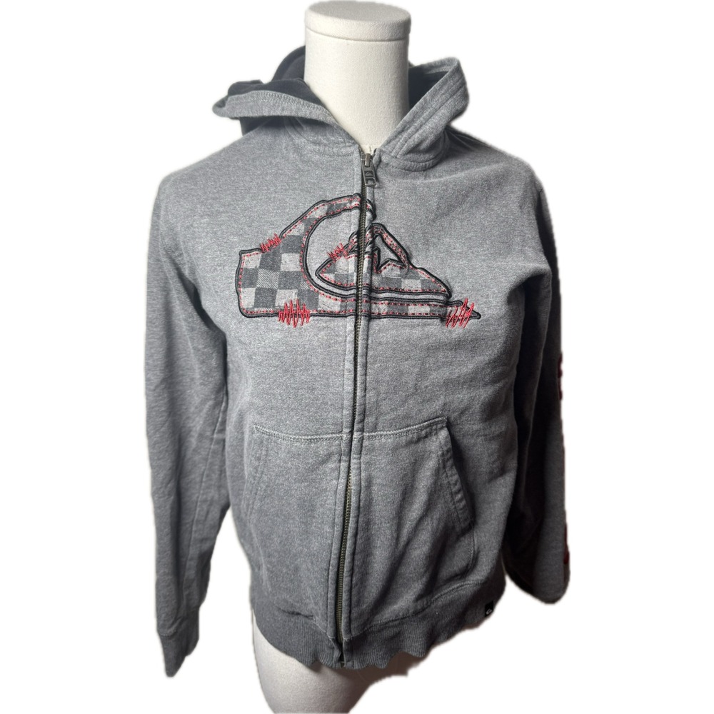 Quicksilver Vintage Youth Sz S‎ Y2K Full-Zip Gray Hoodie Logo on Sleeve Rare!